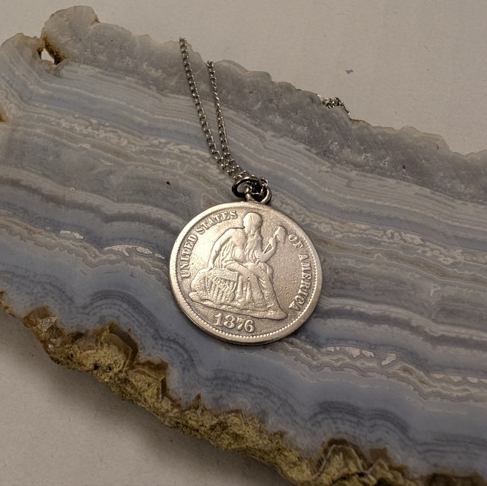 VINTAGE Love Token Coin Necklace 1876 Seated Liberty Sterling Silver Pendent - Picture 5 of 10